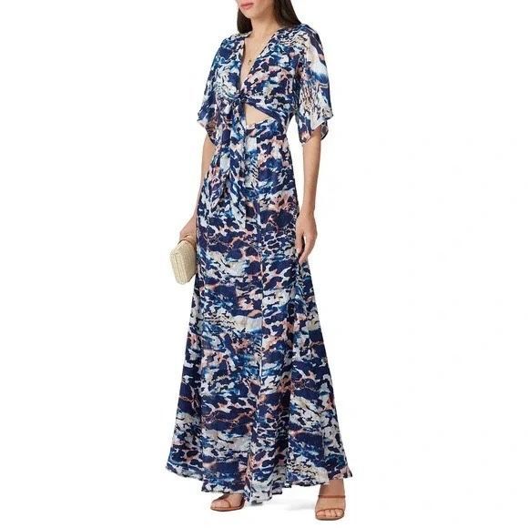 Hutch‎ Chiara Blue Multicolor Printed Tie Front Cut Out Maxi Dress Size Small - Picture 1 of 10